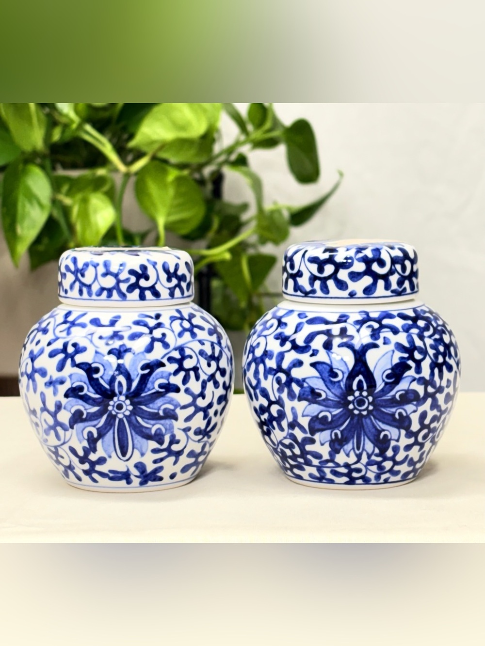 Vintage Miniature Blue and White Ceramic Ginger Jars with lids 
Set of 2